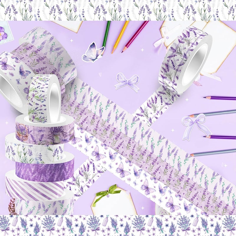 JOINFANXIN 12 Rolls of Lavender Washi Tape, Purple Floral Decorative Tape, DIY Flower Butterfly Pattern Sticker for Journals, Planners, Scrapbooking, Packaging, Crafts, Party Supplies Favors - Image 4